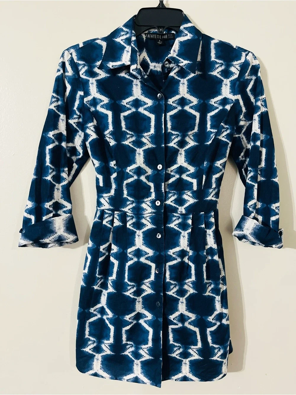 Lafayette 148 Cotton Blue White Batik Print Button Up Shirt Jacket Tie Belt Sz 4 - Picture 1 of 6